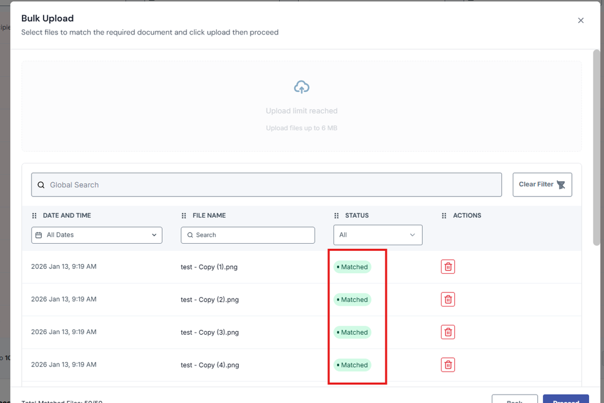 Image of Bulk Upload modal with the Status column highlighted in a red box