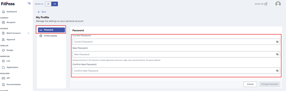 Image of the My Profile page with the Password tab being highlighted. In the Password form, the fields are highlighted