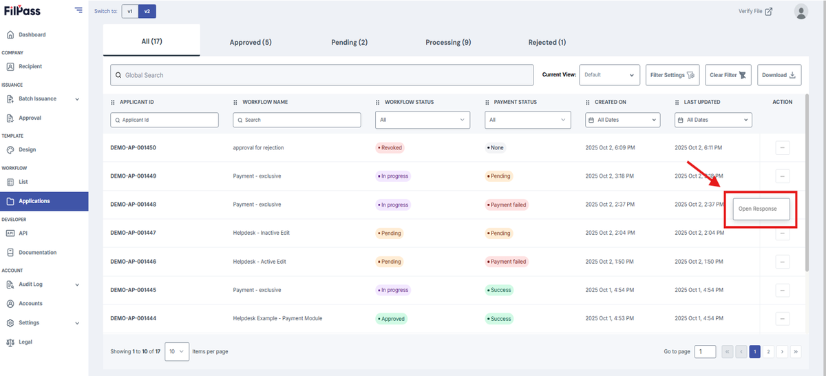 Image of the Workflow Applications page with the Action button option, Open Response, highlighted in a red box