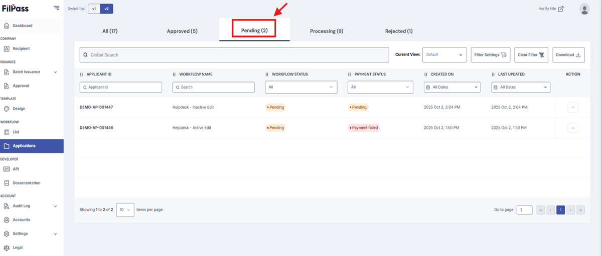 Image of the Workflow Applications page with the Pending tab highlighted in a red box