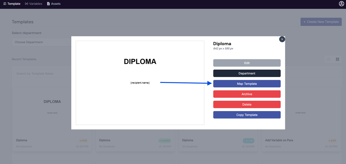 Image of the Template modal with the Map Template button highlighted in a red box