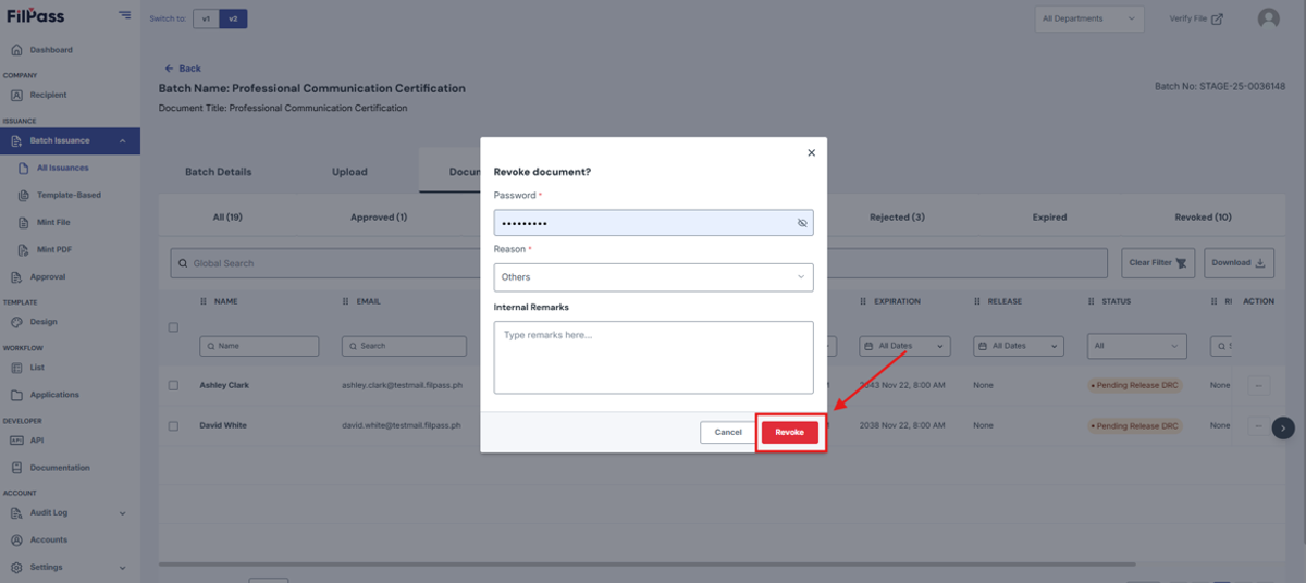 Image of Revoke modal with the Revoke button highlighted in a red box