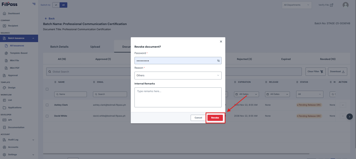 Image of Revoke modal with the Revoke button highlighted in a red box