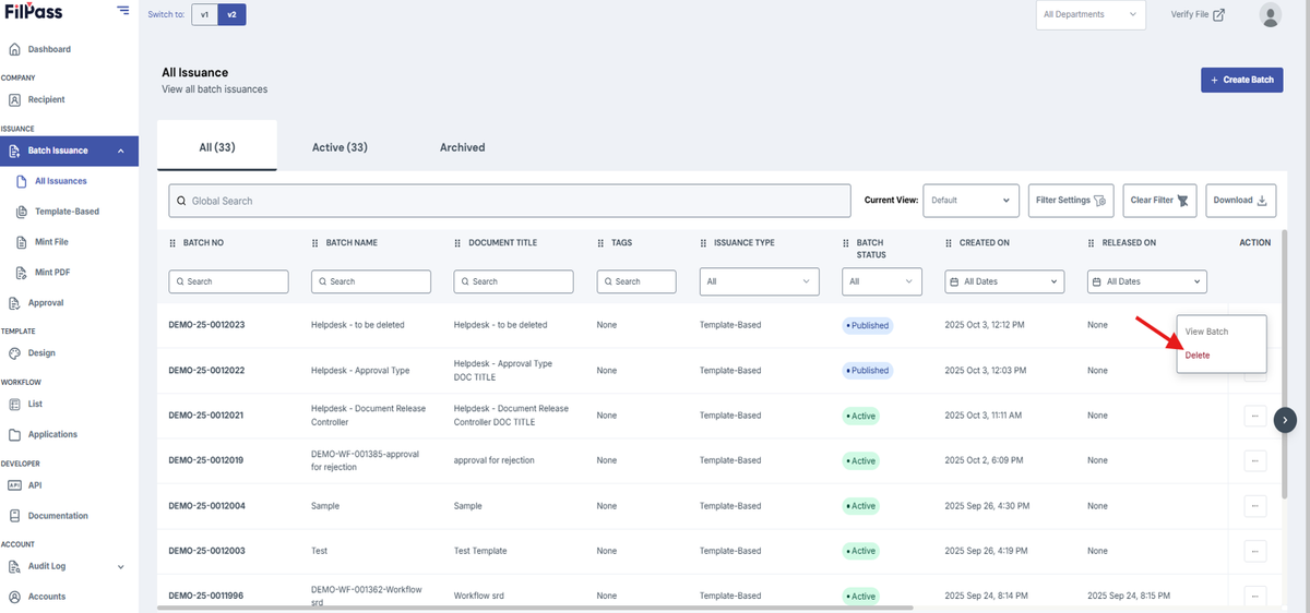 Image of All Issuances page with Delete button highlighted