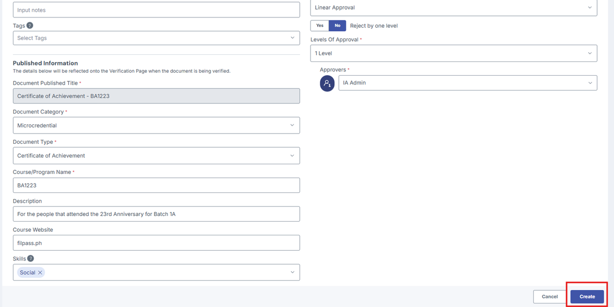 Image of Create Batch page with the Create Button highlighted in a red box