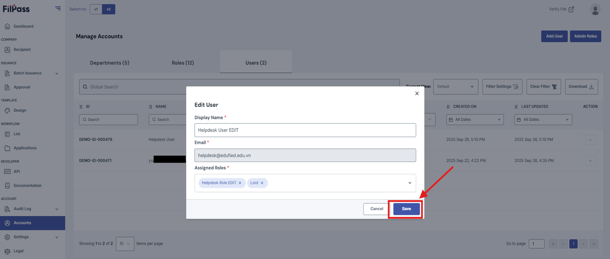  Image of the Edit User pop-up modal with the Save button being highlighted.