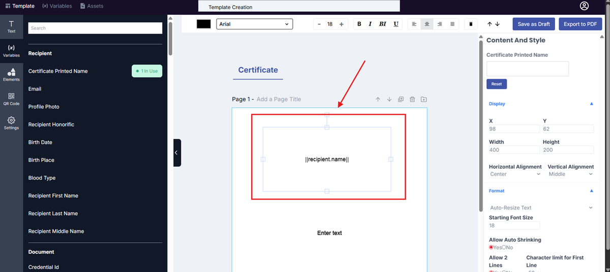 Image of the Template Design page with the variable highlighted in a red box