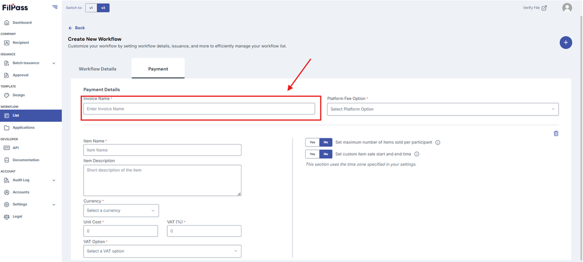 Image of the Payment tab with the Invoice Name field highlighted in a red box