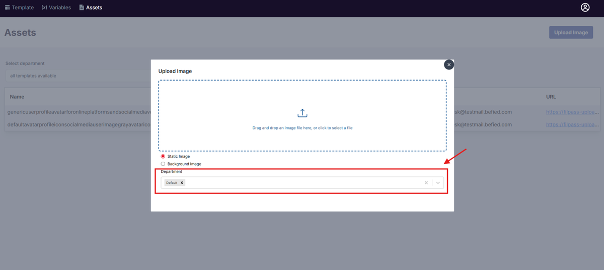 Image of the Upload Image modal with the Department field highlighted in a red box
