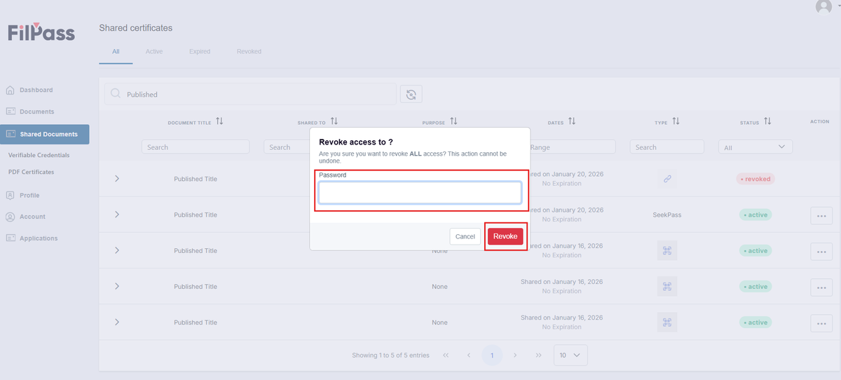Image of Revoke confirmation modal with the Password field and Revoke button highlighted in a red box