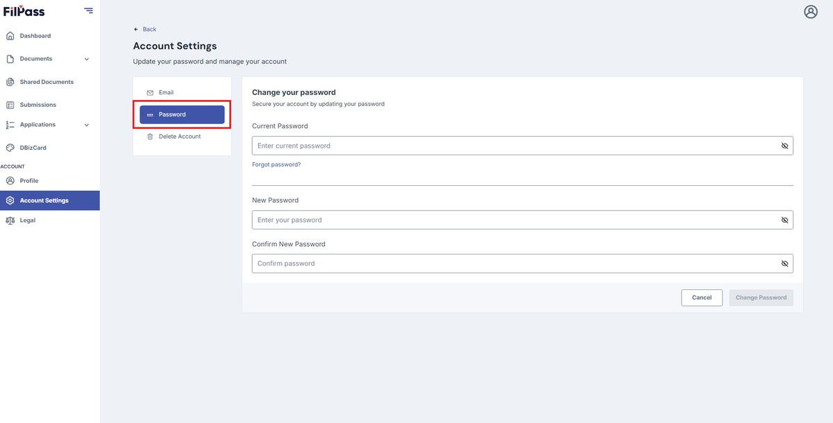 Image of the Account page with the Password button highlighted in a red box