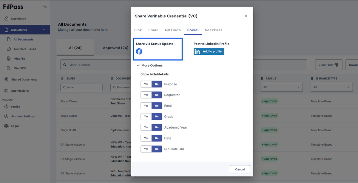 Image of the Share modal with the Facebook social media icon highlighted in a red box