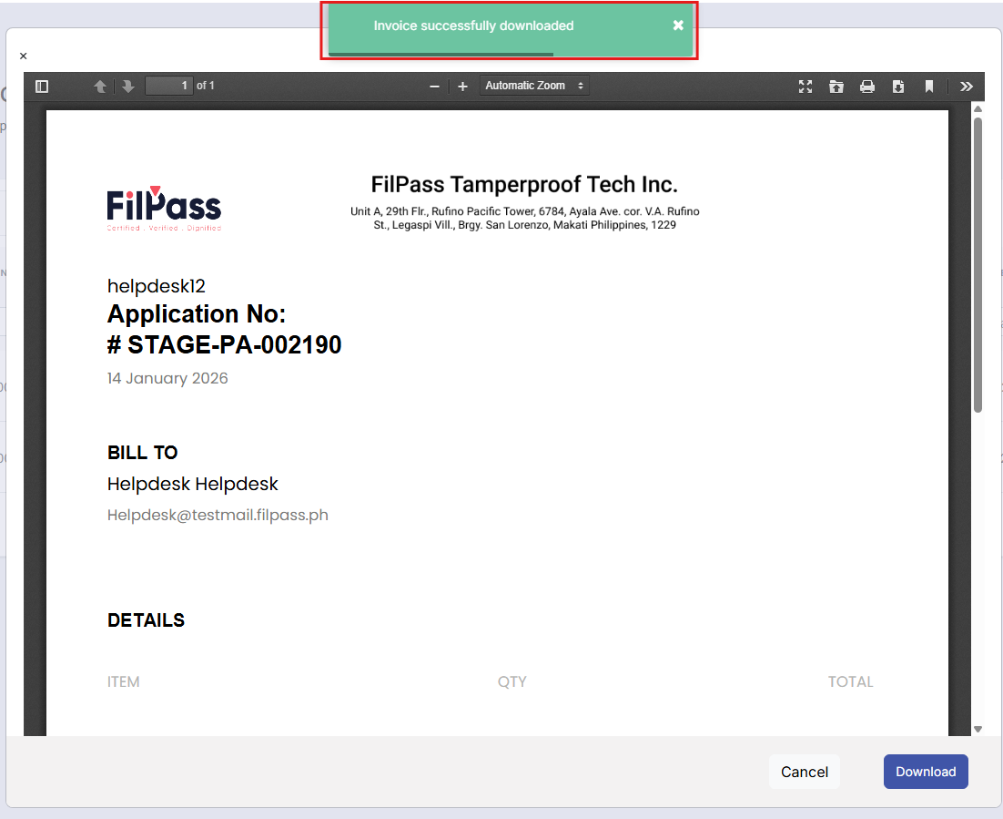 Image of the Invoice window with the success message "Invoice successfully downloaded." highlighted in a red box