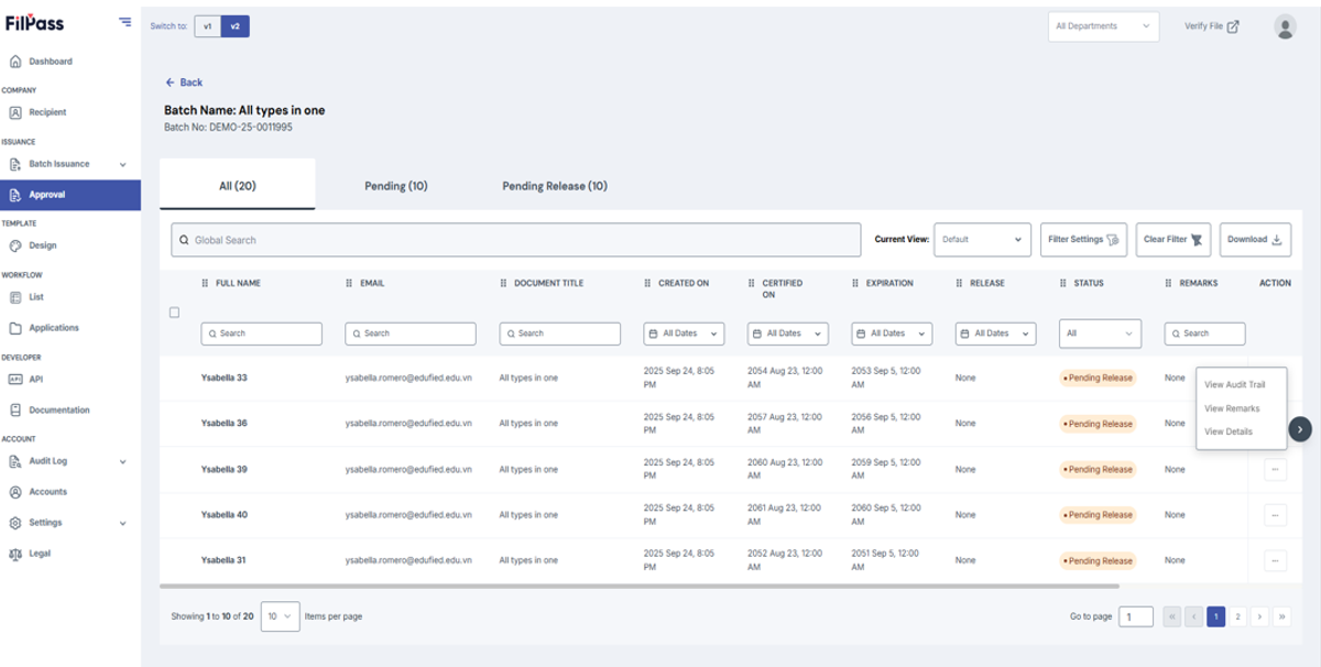 Image of Approval page with the Action button options open for All tab