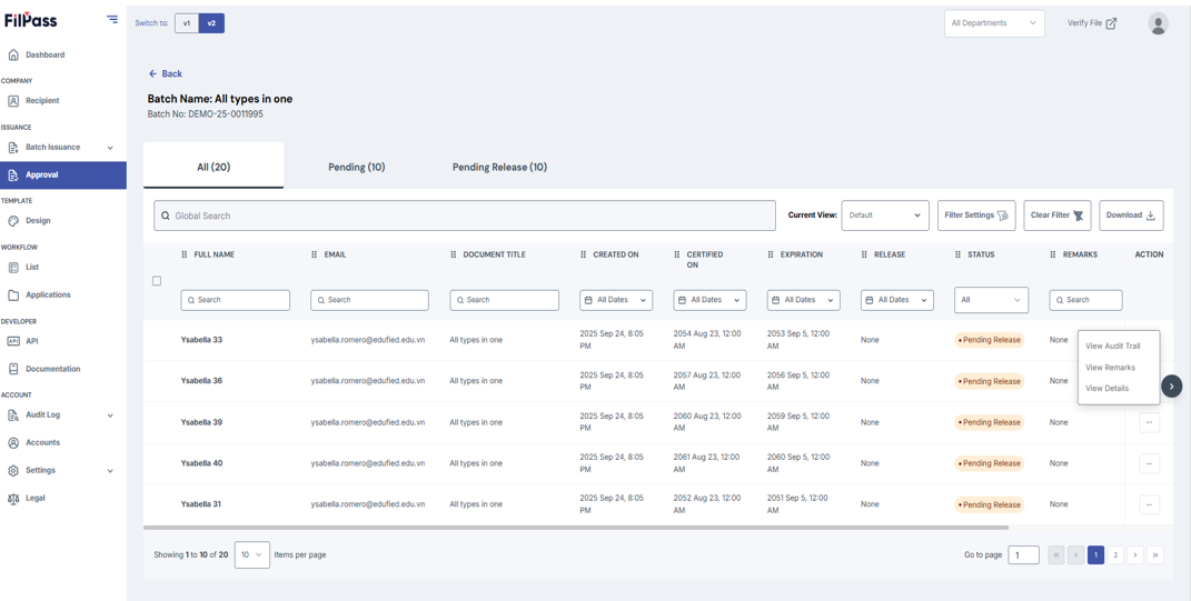 Image of Approval page with the Action button options open for All tab