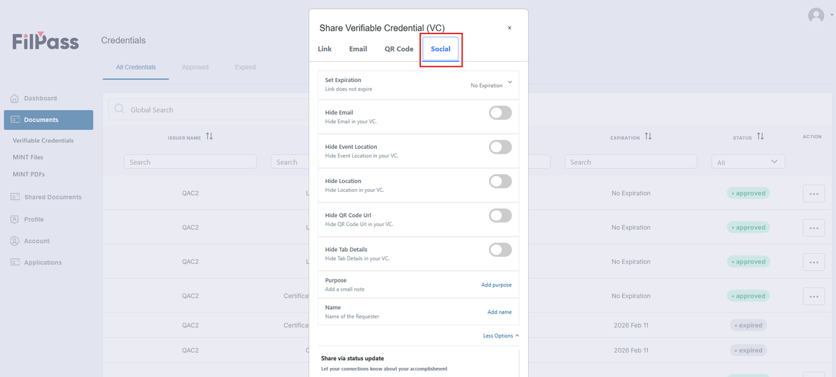 Image of the Share modal with the Social tab highlighted in a red box