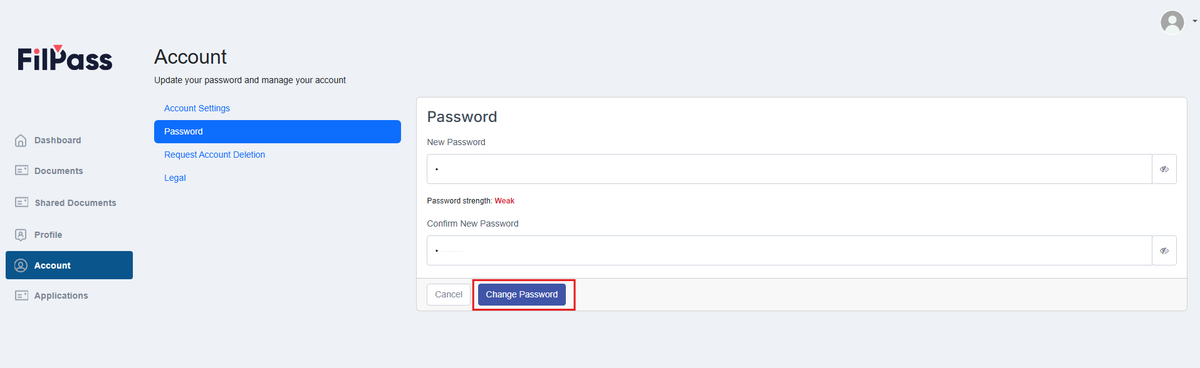 Image of Account page with the Change password button highlighted in a red box