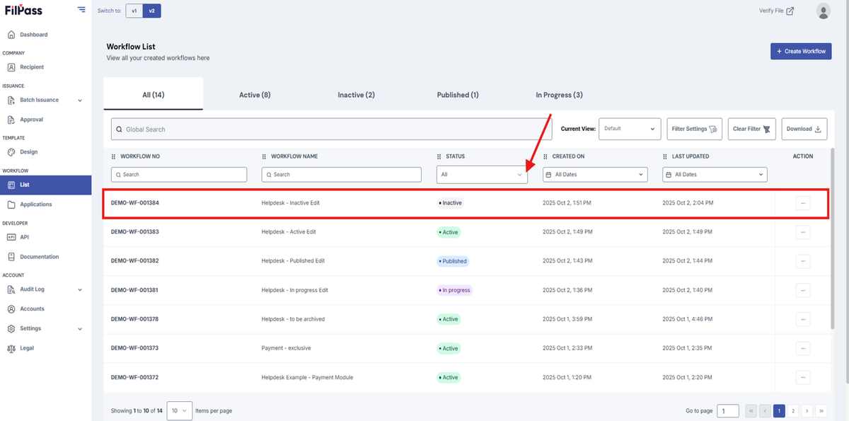 Image of Workflow page with an Inactive Workflow highlighted in a red box
