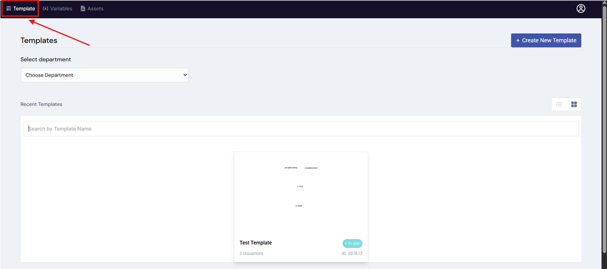 Image of Template Design page with the Template button highlighted in a red box