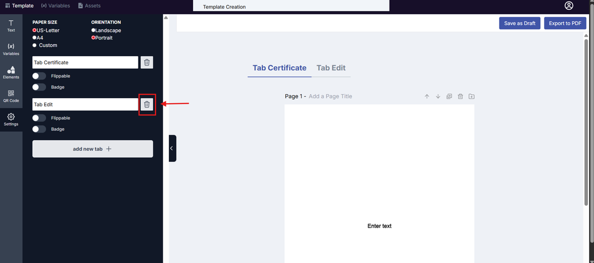 Image of the Template Design page with the Delete button highlighted in a red box