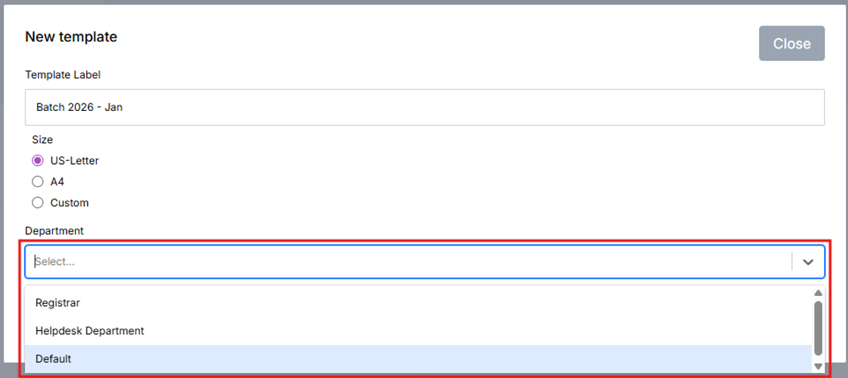 Image of the New Template modal with the Department field highlighted in a red box