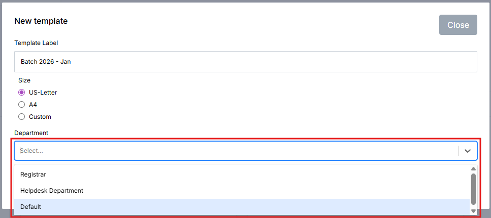 Image of the New Template modal with the Department field highlighted in a red box