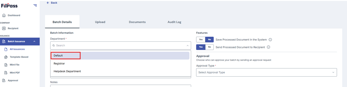 Image of Create batch page with the "Default" option on the Department dropdown highlighted in a red box