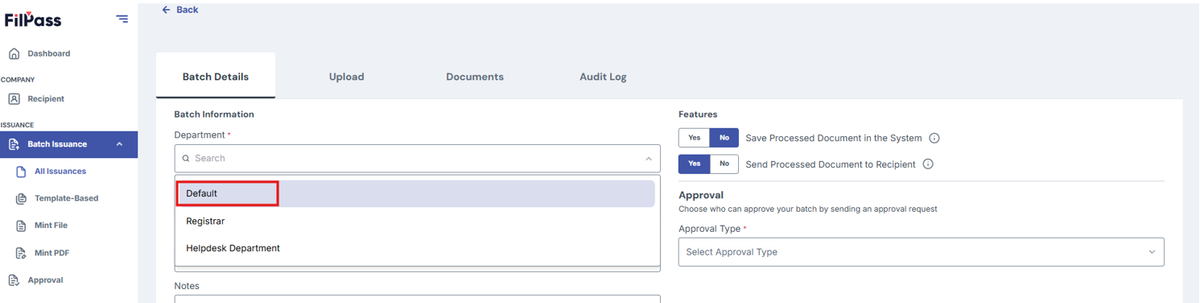 Image of Create batch page with the "Default" option on the Department dropdown highlighted in a red box