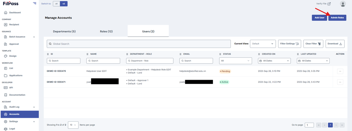 Image of Users tab with a highlighted Admin Role button
