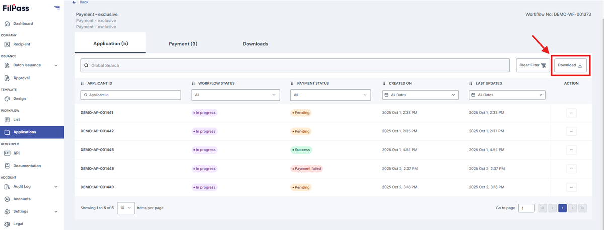 Image of Workflow Applications page with the Download button highlighted in a red box