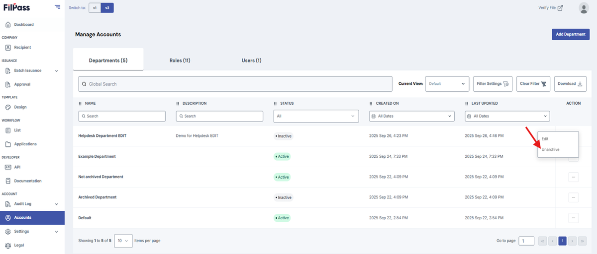 Image of the Department tab with the Unarchive button being highlighted.
