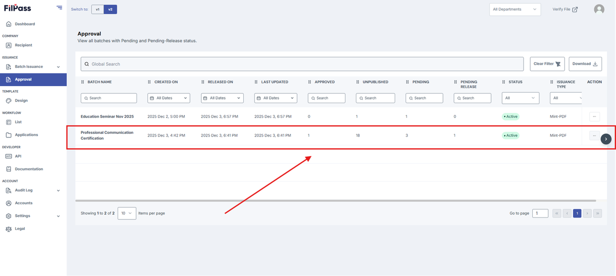 Image of Approval Page with a row highlighted by a red box