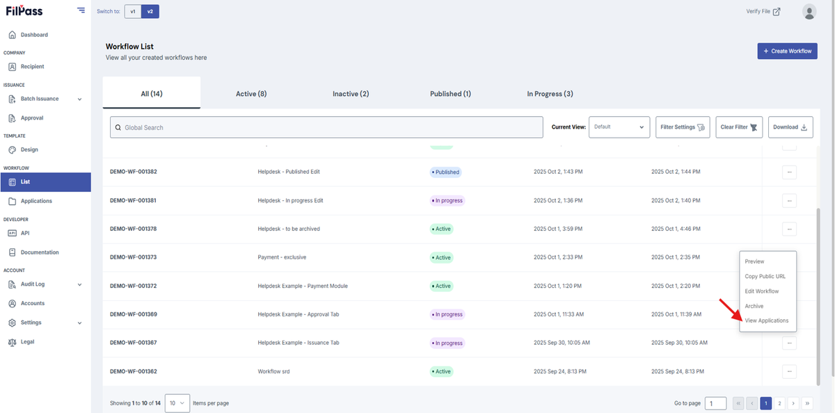 Image of the Workflow list page with the View Applications button highlighted