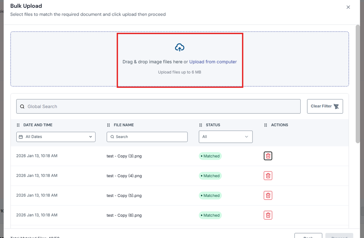 Image of Bulk Upload modal with "Drag or drop Image files here or Upload form computer" section highlighted in a red box