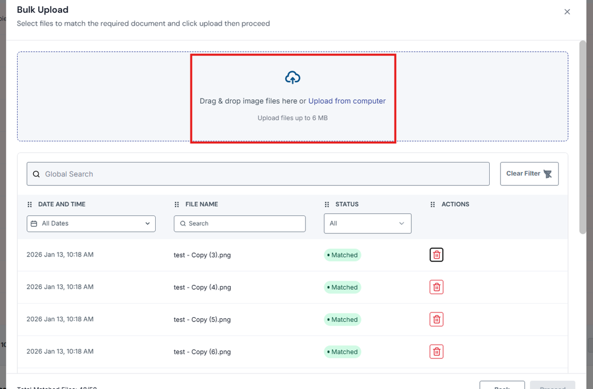 Image of Bulk Upload modal with "Drag or drop Image files here or Upload form computer" section highlighted in a red box