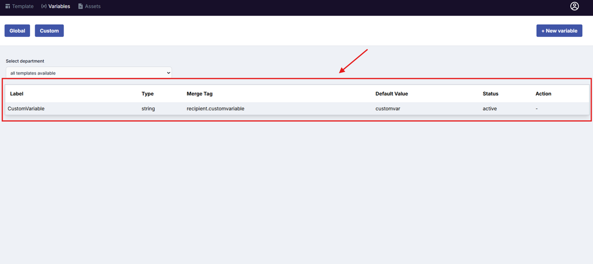 Image of the Variable page with the created variable highlighted in a red box