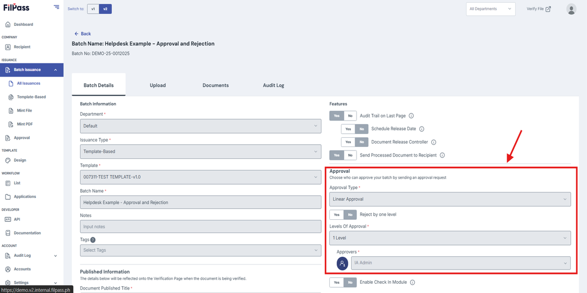 Image of Batch Details with Approval section highlighted in a red box