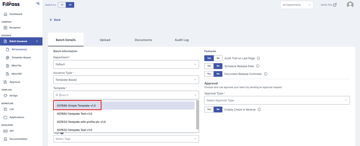 Image of Create Batch page. Template dropdown field with the a template choice highlighted in a red box.