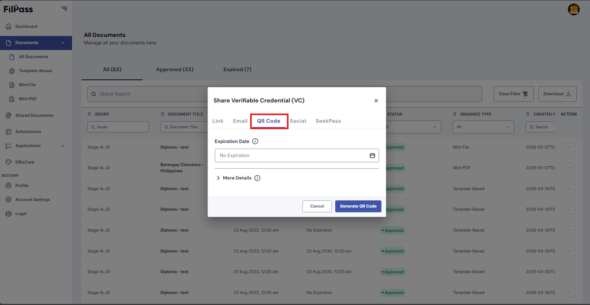 Image of the Share modal with the QR Code tab highlighted in a red box