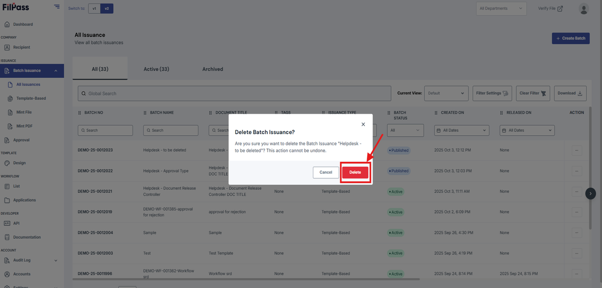 Image for All Issuances page with a confirmation window. The Delete button is highlighted by a red box