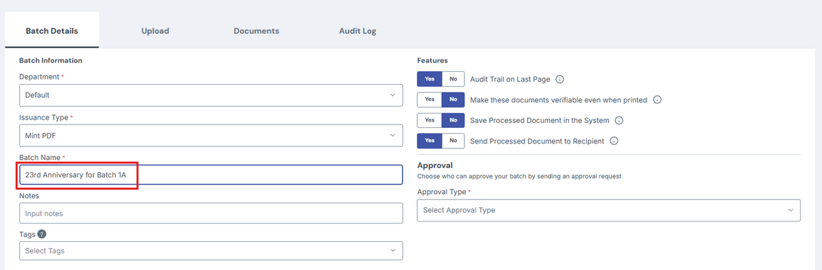Batch Name input field, highlighted with a red box.