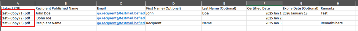 Image of Excel file with the cells Under Upload PDF highlighted with a red box