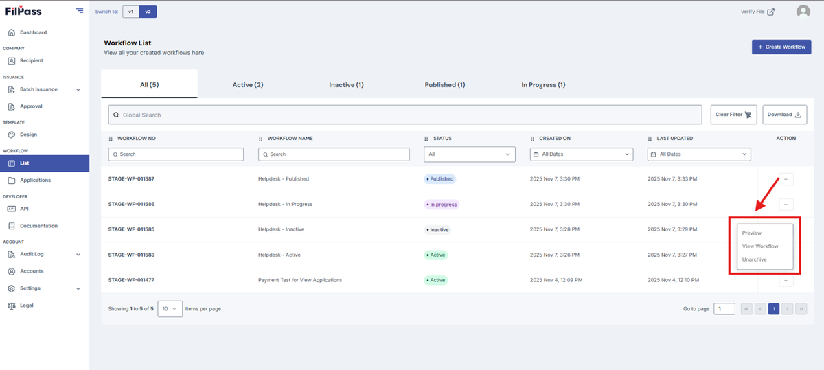 Image of the Workflow page with the Action button options highlighted in a red box