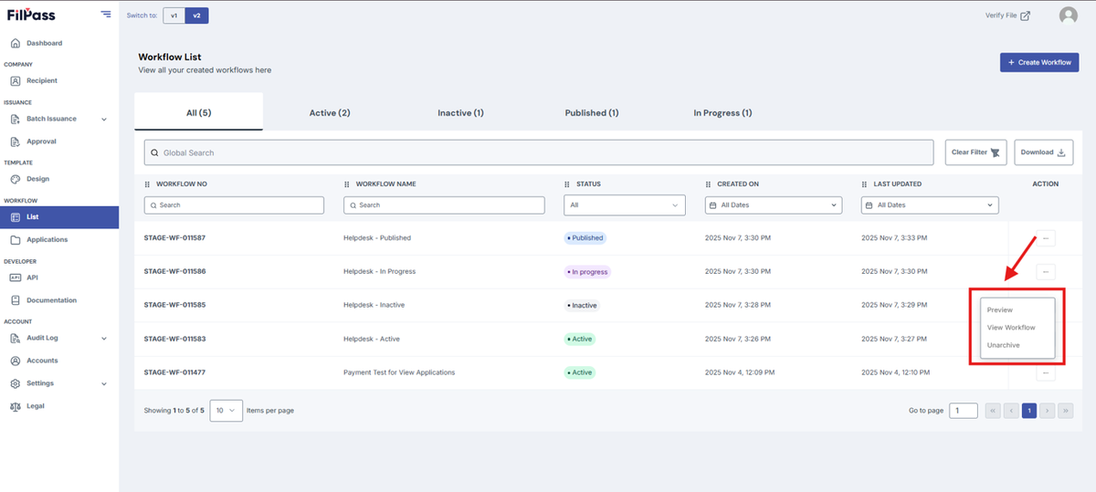 Image of the Workflow page with the Action button options highlighted in a red box