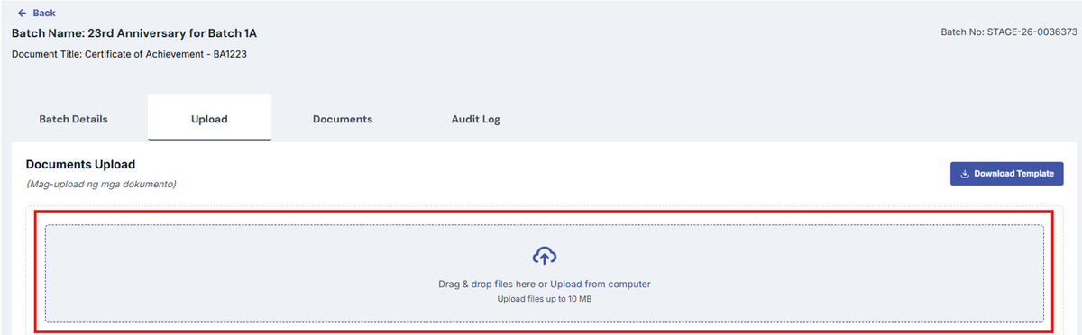Image of Upload page with "Drag & drop files here or Upload from Computer" section highlighted in a red box