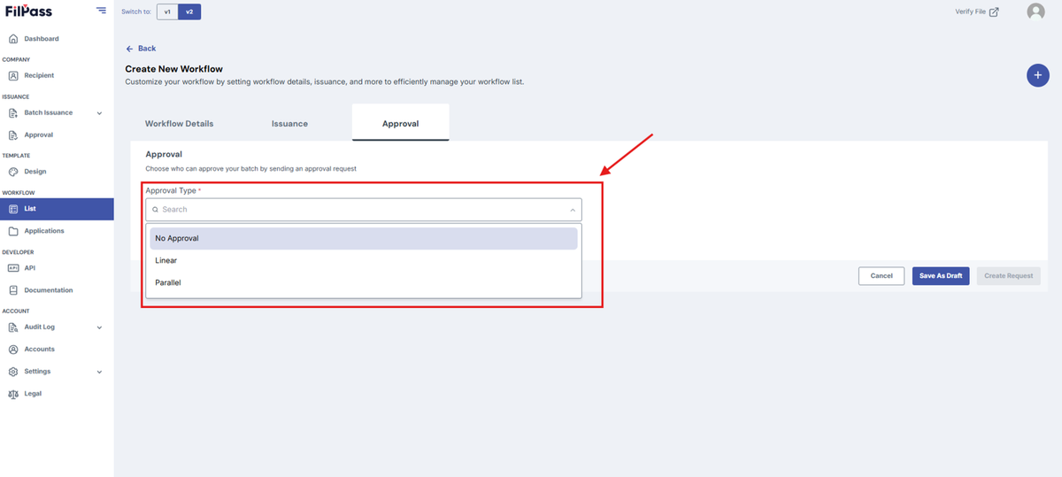 Image of the Approval page with the Approval Type field and dropdown options highlighted in a red box