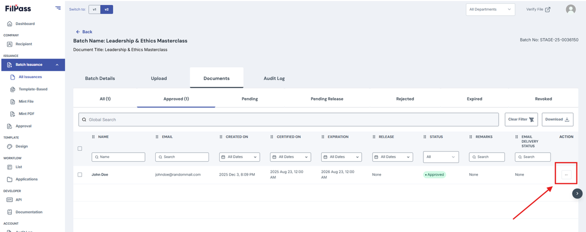 Image of Document page with the Action button highlighted in a red box