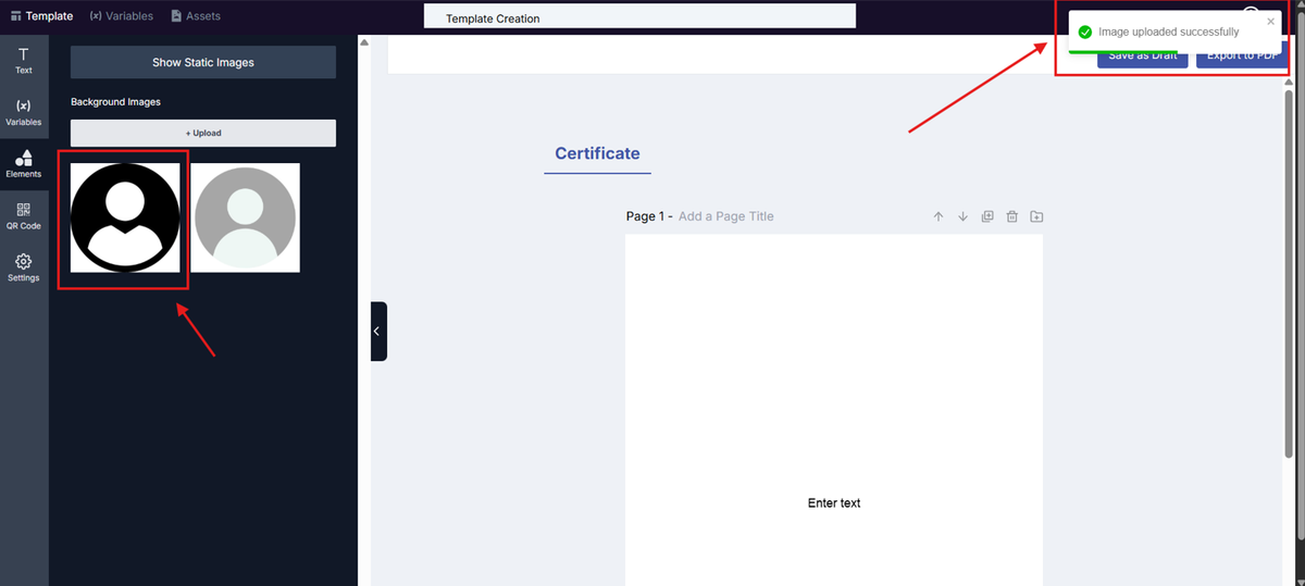 Image of the Template Design page with the Element and the Success pop up  highlighted in a red box