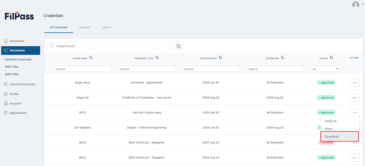 Image of the Documents page with the Download button highlighted in a red box