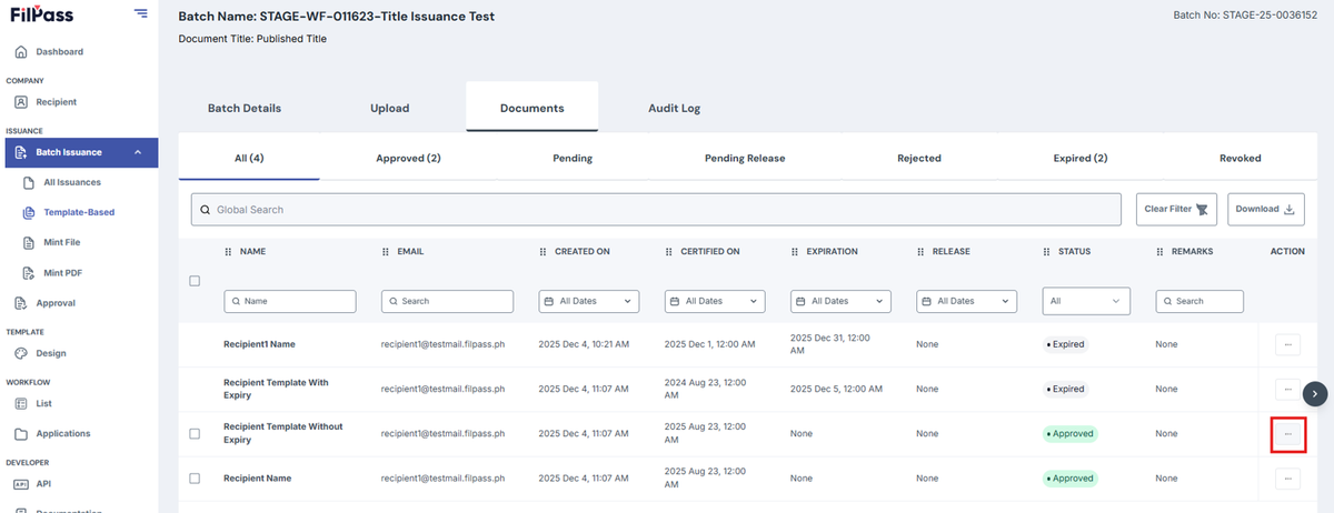 Image of Documents page with the Action button highlighted by a red box
